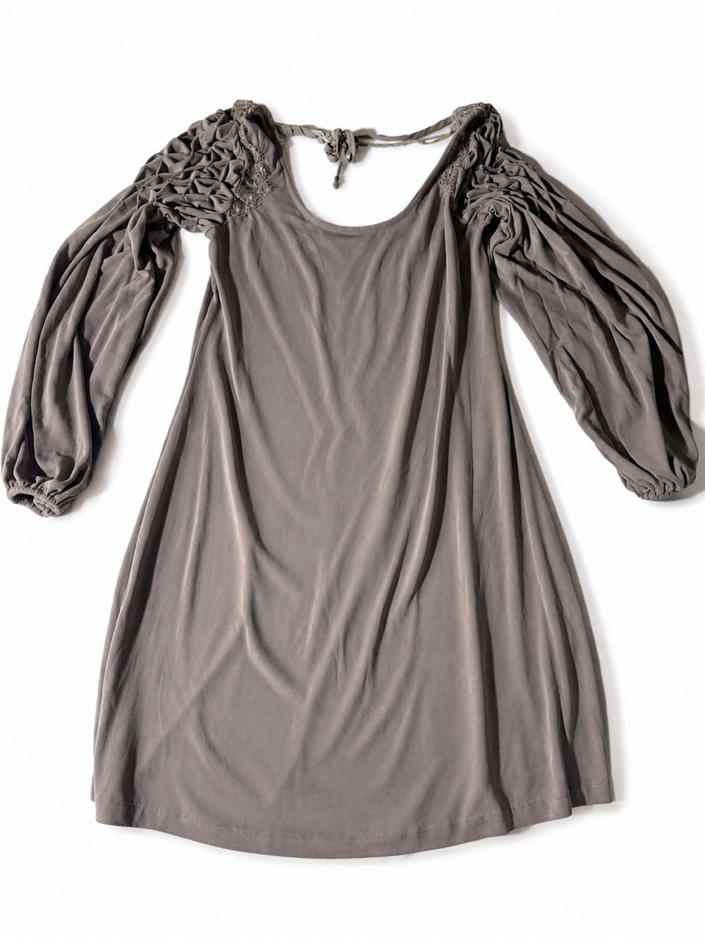 Free People Ruched Balloon Sleeve Tie Back Boho Dress XS Taupe